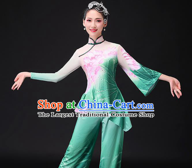 Chinese Traditional Women Square Dance Garment Costumes Yangko Performance Clothing Lotus Dance Apparels Folk Dance Green Uniforms
