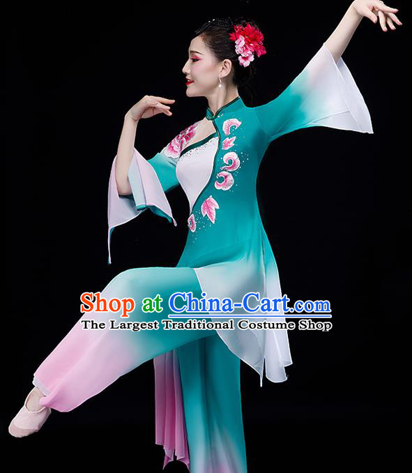 China Umbrella Dance Clothing Stage Performance Fashion Uniforms Classical Dance Green Chiffon Dress Palace Fan Dance Garment Costumes
