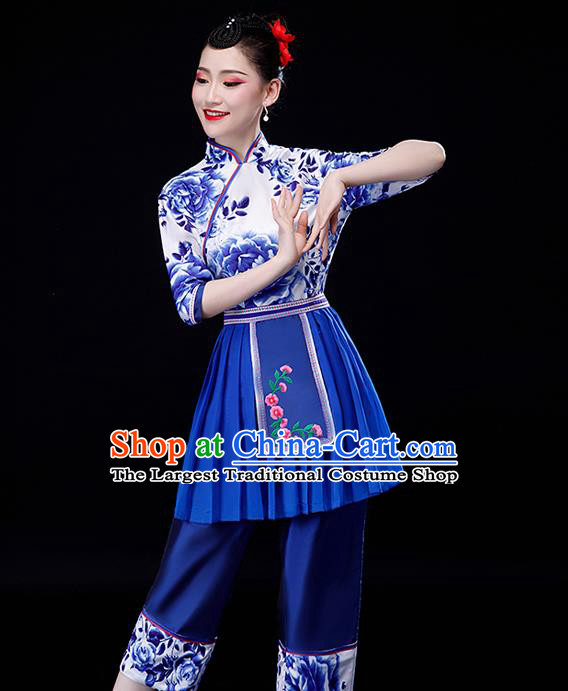 Chinese Yangko Performance Clothing Fan Dance Apparels Folk Dance Printing Uniforms Traditional Country Women Square Dance Garment Costumes