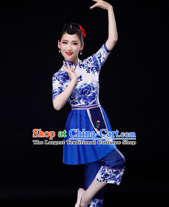 Chinese Yangko Performance Clothing Fan Dance Apparels Folk Dance Printing Uniforms Traditional Country Women Square Dance Garment Costumes