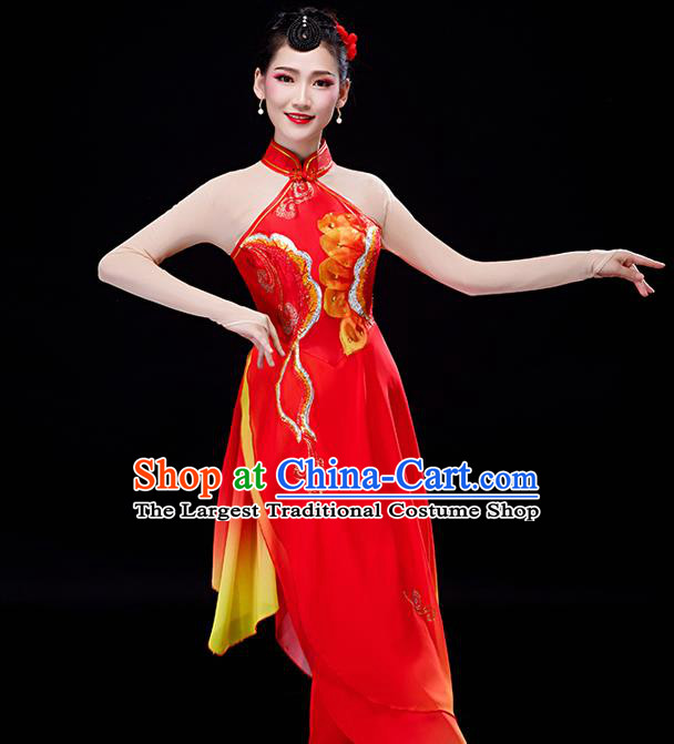 Chinese Traditional Women Drum Dance Garment Costumes Yangko Performance Clothing Fan Dance Apparels Folk Dance Red Uniforms