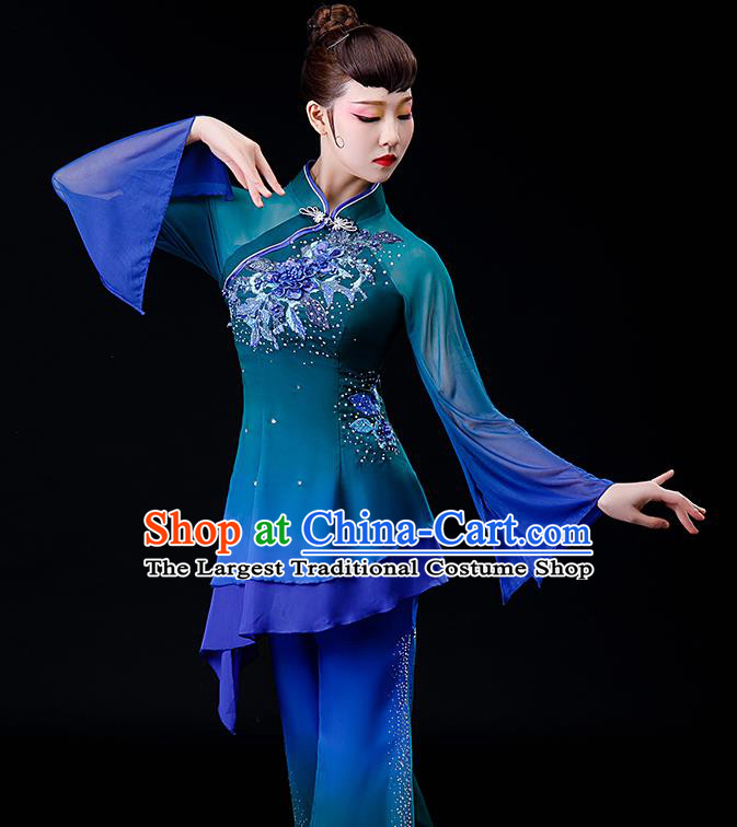 Chinese Folk Dance Deep Blue Uniforms Traditional Fan Dance Garment Costumes Yangko Dance Clothing Women Square Performance Apparels