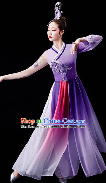 China Women Group Dance Clothing Stage Performance Fashion Uniforms Classical Dance Purple Dress Umbrella Dance Garment Costumes