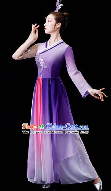 China Women Group Dance Clothing Stage Performance Fashion Uniforms Classical Dance Purple Dress Umbrella Dance Garment Costumes