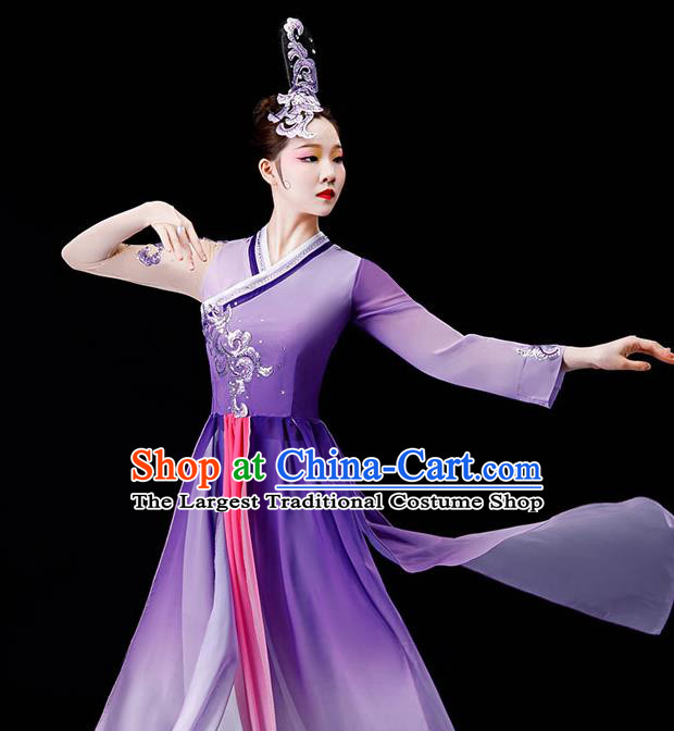China Women Group Dance Clothing Stage Performance Fashion Uniforms Classical Dance Purple Dress Umbrella Dance Garment Costumes