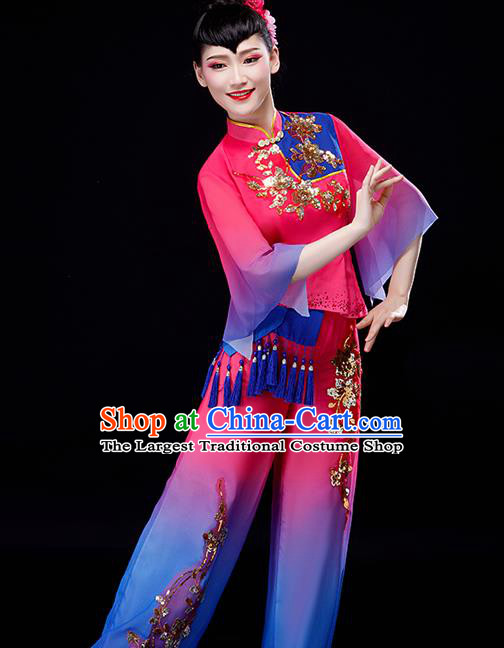 Chinese Folk Dance Rosy Uniforms Traditional Women Drum Dance Garment Costumes Yangko Performance Clothing Fan Dance Apparels