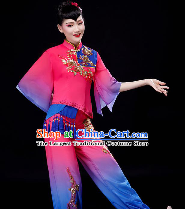 Chinese Folk Dance Rosy Uniforms Traditional Women Drum Dance Garment Costumes Yangko Performance Clothing Fan Dance Apparels