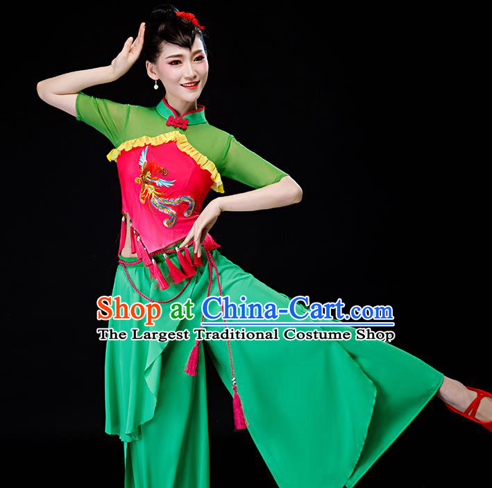 Chinese Fan Dance Apparels Folk Dance Green Uniforms Traditional Women Drum Dance Garment Costumes Yangko Performance Clothing