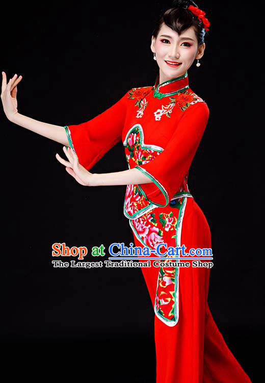 Chinese Yangko Performance Clothing New Year Fan Dance Apparels Folk Dance Red Uniforms Traditional Women Drum Dance Garment Costumes