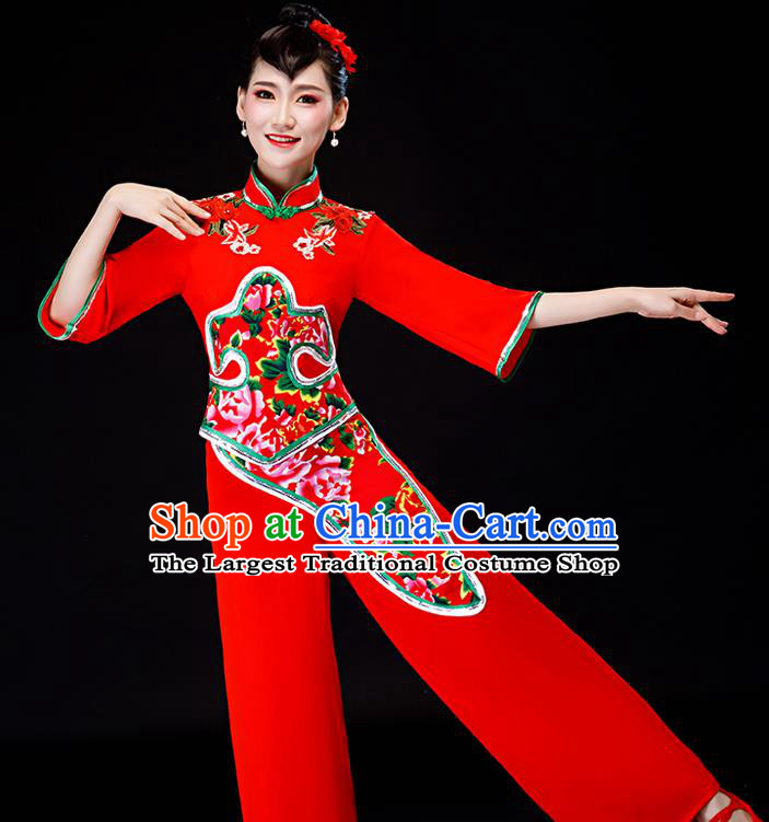 Chinese Yangko Performance Clothing New Year Fan Dance Apparels Folk Dance Red Uniforms Traditional Women Drum Dance Garment Costumes
