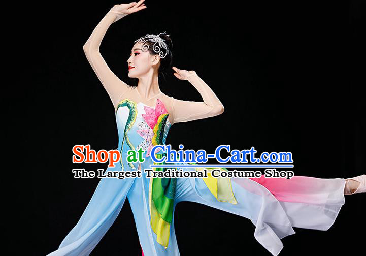 China Classical Dance Blue Dress Jasmine Flower Dance Garment Costumes Jiangnan Umbrella Dance Clothing Stage Performance Fashion Uniforms