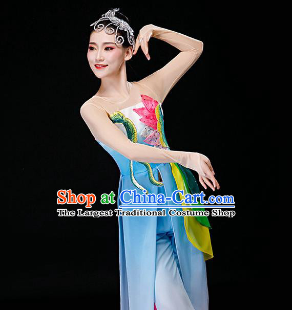 China Classical Dance Blue Dress Jasmine Flower Dance Garment Costumes Jiangnan Umbrella Dance Clothing Stage Performance Fashion Uniforms