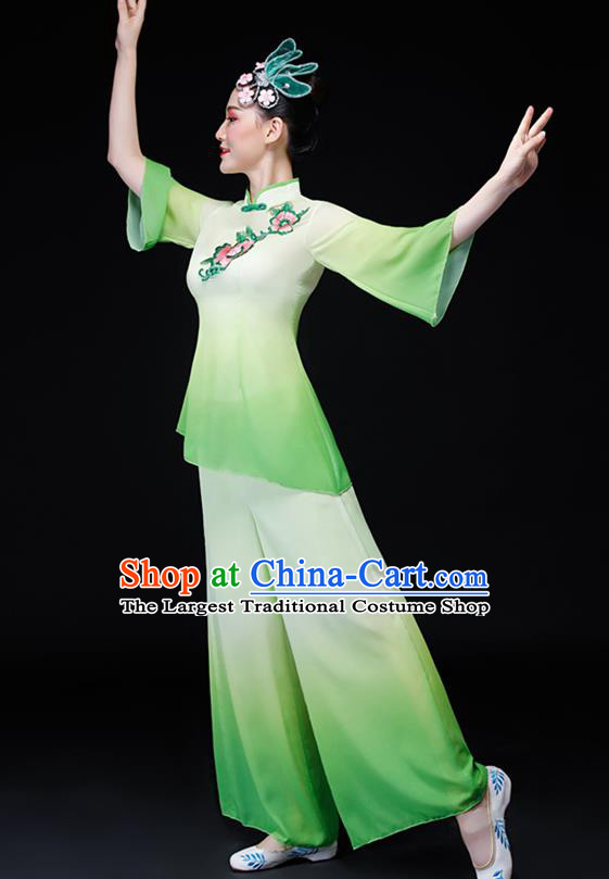 Chinese Folk Dance Green Chiffon Uniforms Traditional Women Group Dance Garment Costumes Yangko Performance Clothing Fan Dance Apparels