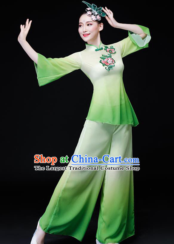 Chinese Folk Dance Green Chiffon Uniforms Traditional Women Group Dance Garment Costumes Yangko Performance Clothing Fan Dance Apparels