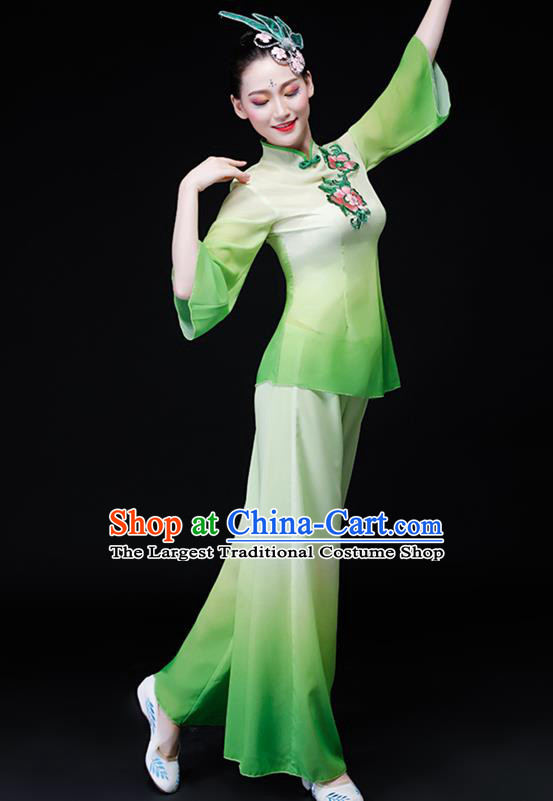 Chinese Folk Dance Green Chiffon Uniforms Traditional Women Group Dance Garment Costumes Yangko Performance Clothing Fan Dance Apparels