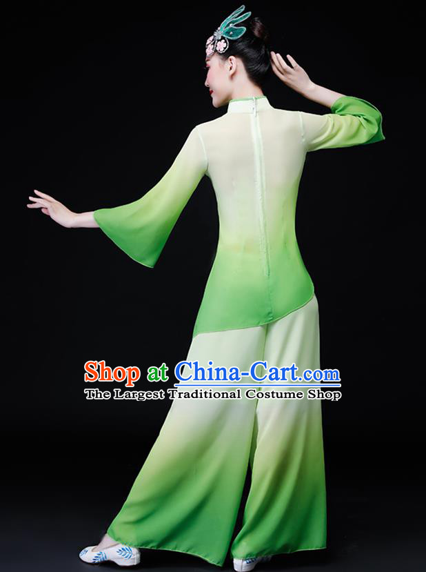 Chinese Folk Dance Green Chiffon Uniforms Traditional Women Group Dance Garment Costumes Yangko Performance Clothing Fan Dance Apparels