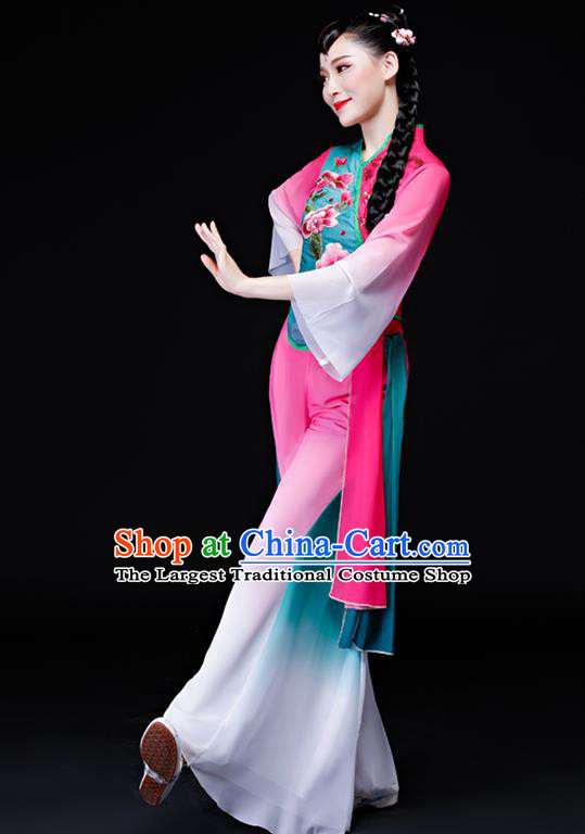 Chinese Yangko Performance Clothing Fan Dance Apparels Folk Dance Pink Uniforms Traditional Flower Drum Dance Garment Costumes