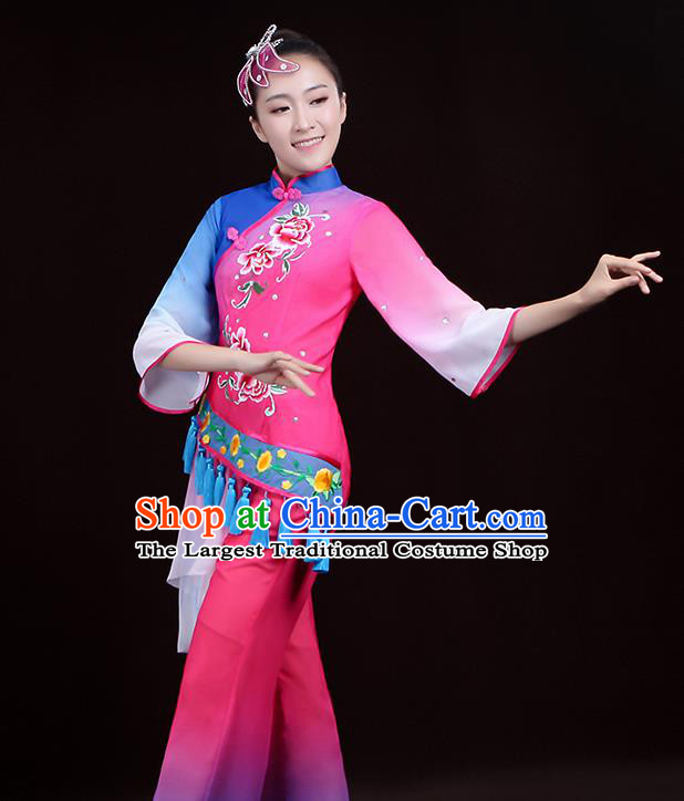 Chinese Traditional Waist Drum Dance Garment Costumes Yangko Performance Clothing Fan Dance Apparels Folk Dance Rosy Uniforms
