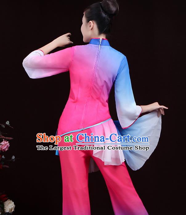 Chinese Traditional Waist Drum Dance Garment Costumes Yangko Performance Clothing Fan Dance Apparels Folk Dance Rosy Uniforms