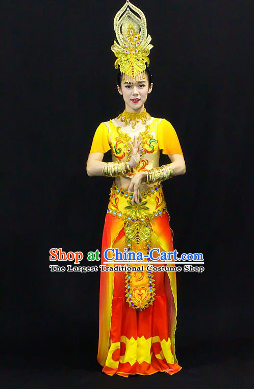 China Classical Dance Dress Thousands Hands Guanyin Dance Garment Costumes Flying Goddess Dance Clothing Stage Performance Uniforms and Hair Accessories