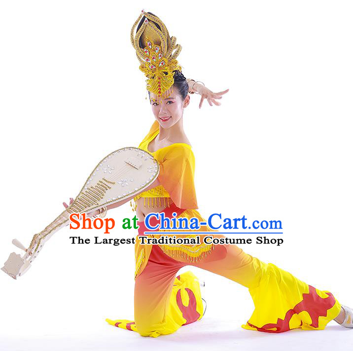 China Stage Performance Yellow Uniforms Classical Dance Dress Pipa Dance Garment Costumes Flying Goddess Dance Clothing and Headdress