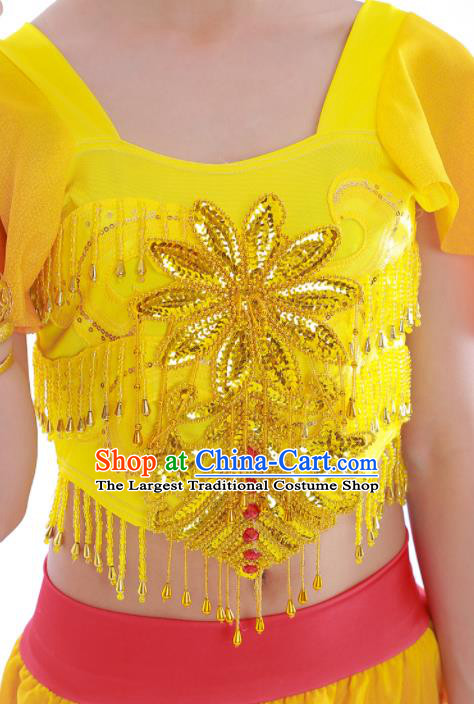 China Stage Performance Yellow Uniforms Classical Dance Dress Pipa Dance Garment Costumes Flying Goddess Dance Clothing and Headdress