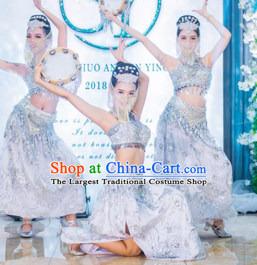 Top Belly Dance Garment Costumes Indian Dance Clothing Stage Performance White Uniforms Classical Dance Fashion Dress and Headpieces