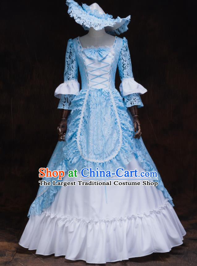 Top Halloween Garment Costume Gothic Maid Lady Formal Attire European Drama Performance Clothing Western Renaissance Style Blue Lace Full Dress