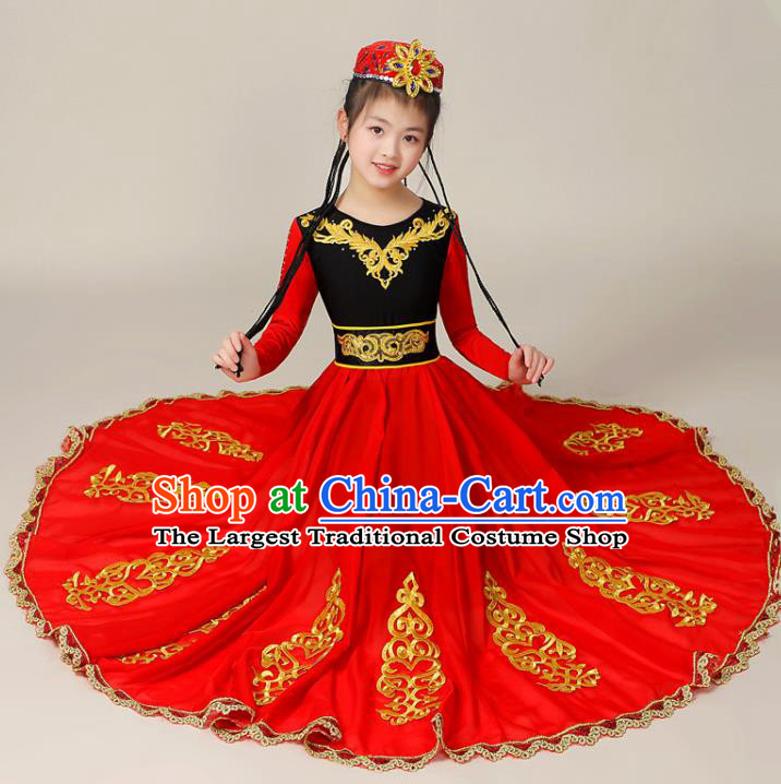 Chinese Uyghur Nationality Girl Dance Clothing Uighur Minority Children Performance Garment Costumes Xinjiang Ethnic Folk Dance Red Dress Outfits