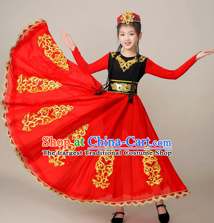 Chinese Uyghur Nationality Girl Dance Clothing Uighur Minority Children Performance Garment Costumes Xinjiang Ethnic Folk Dance Red Dress Outfits