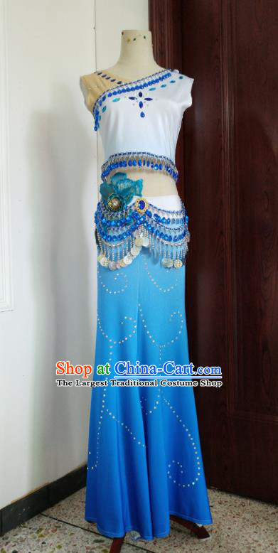 Chinese Ethnic Festival Peacock Dance Blue Dress Outfits Dai Nationality Female Clothing Yunnan Minority Folk Dance Garment Costumes