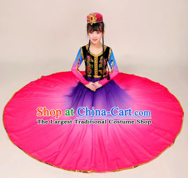 Chinese Xinjiang Ethnic Folk Dance Rosy Dress Outfits Uyghur Nationality Girl Dance Clothing Uighur Minority Children Performance Garment Costumes