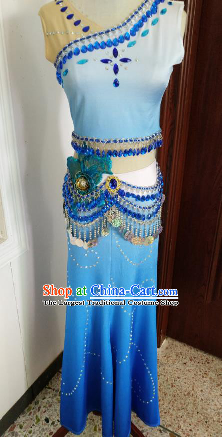 Chinese Ethnic Festival Peacock Dance Blue Dress Outfits Dai Nationality Female Clothing Yunnan Minority Folk Dance Garment Costumes