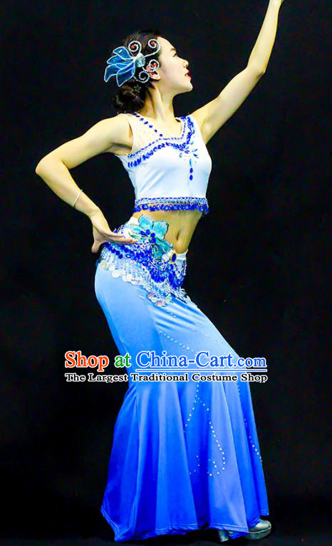 Chinese Ethnic Festival Peacock Dance Blue Dress Outfits Dai Nationality Female Clothing Yunnan Minority Folk Dance Garment Costumes