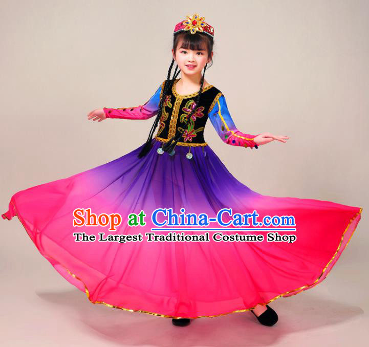 Chinese Xinjiang Ethnic Folk Dance Rosy Dress Outfits Uyghur Nationality Girl Dance Clothing Uighur Minority Children Performance Garment Costumes