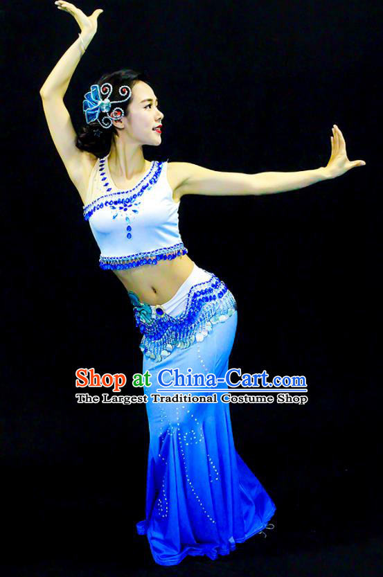 Chinese Ethnic Festival Peacock Dance Blue Dress Outfits Dai Nationality Female Clothing Yunnan Minority Folk Dance Garment Costumes