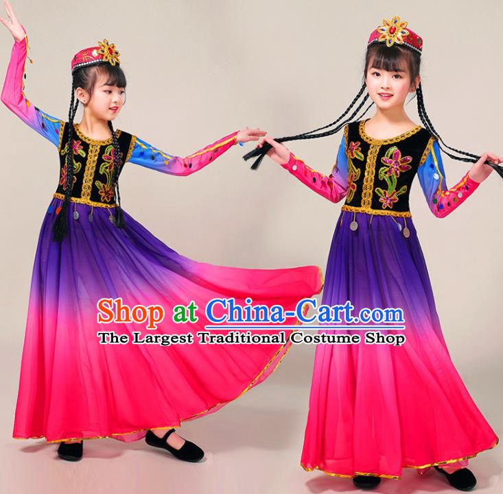 Chinese Xinjiang Ethnic Folk Dance Rosy Dress Outfits Uyghur Nationality Girl Dance Clothing Uighur Minority Children Performance Garment Costumes