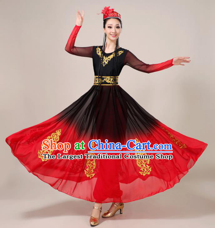 Chinese Uighur Minority Performance Garment Costumes Xinjiang Ethnic Female Red Dress Outfits Uyghur Nationality Folk Dance Clothing