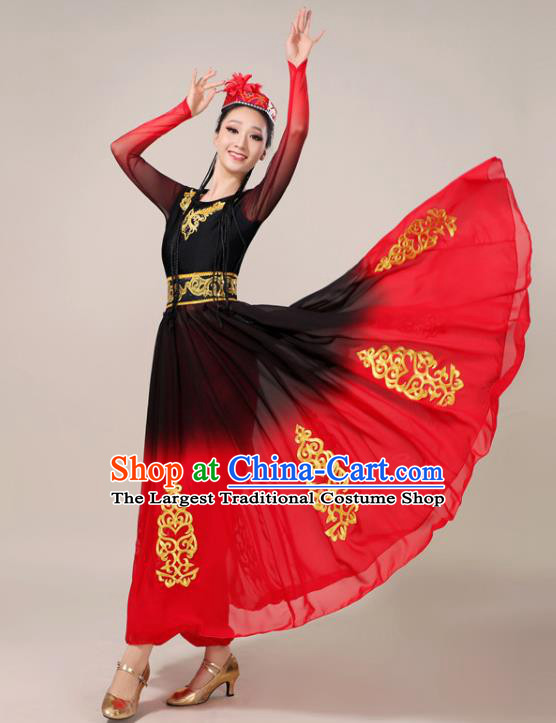 Chinese Uighur Minority Performance Garment Costumes Xinjiang Ethnic Female Red Dress Outfits Uyghur Nationality Folk Dance Clothing
