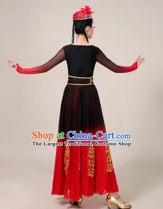 Chinese Uighur Minority Performance Garment Costumes Xinjiang Ethnic Female Red Dress Outfits Uyghur Nationality Folk Dance Clothing