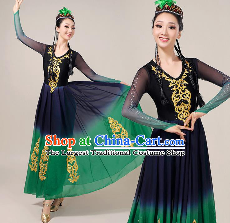 Chinese Uyghur Nationality Folk Dance Clothing Uighur Minority Performance Garment Costumes Xinjiang Ethnic Female Green Dress Outfits
