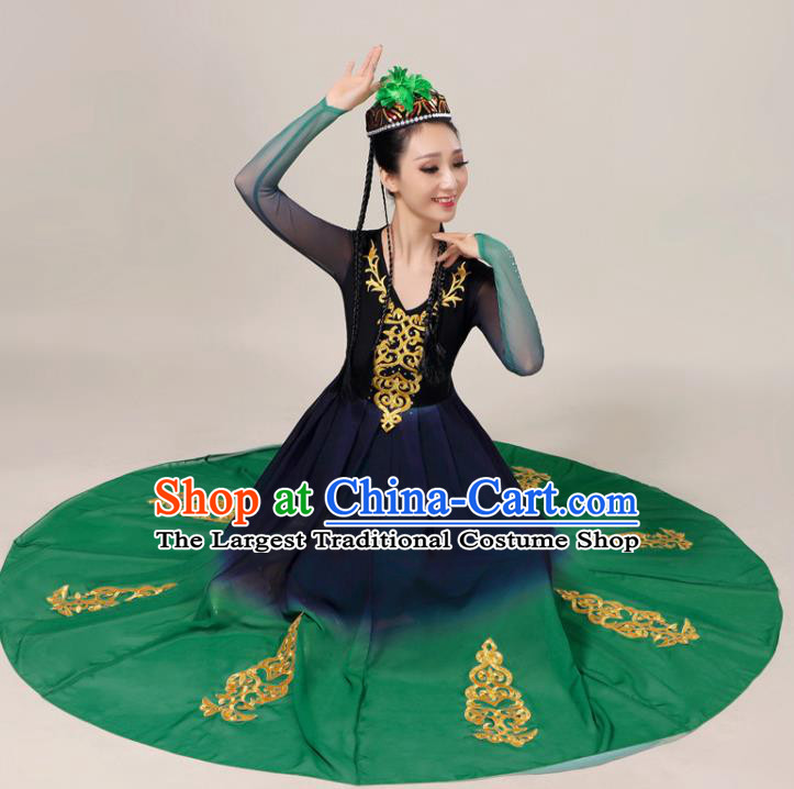 Chinese Uyghur Nationality Folk Dance Clothing Uighur Minority Performance Garment Costumes Xinjiang Ethnic Female Green Dress Outfits