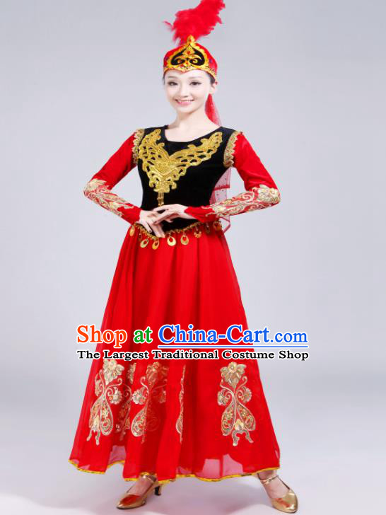 Chinese Uyghur Nationality Performance Clothing Spring Festival Gala Opening Dance Garment Costumes Xinjiang Ethnic Dance Red Dress Outfits