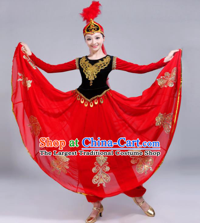 Chinese Uyghur Nationality Performance Clothing Spring Festival Gala Opening Dance Garment Costumes Xinjiang Ethnic Dance Red Dress Outfits