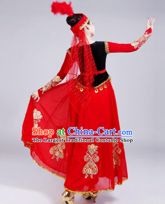 Chinese Uyghur Nationality Performance Clothing Spring Festival Gala Opening Dance Garment Costumes Xinjiang Ethnic Dance Red Dress Outfits