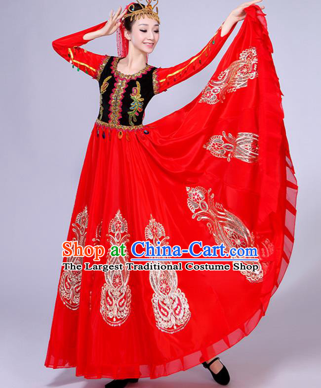Chinese Xinjiang Ethnic Young Lady Red Dress Outfits Uyghur Nationality Performance Clothing Spring Festival Gala Opening Dance Garment Costumes