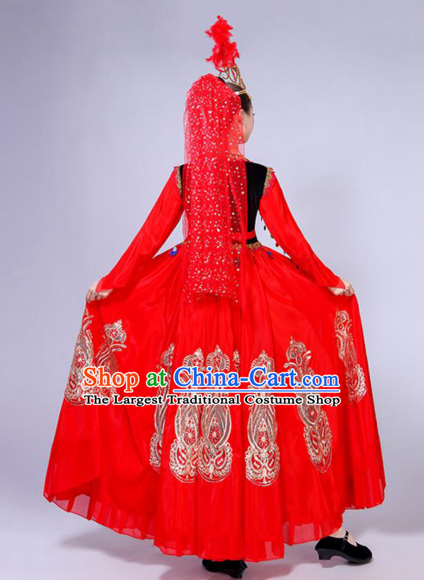 Chinese Xinjiang Ethnic Young Lady Red Dress Outfits Uyghur Nationality Performance Clothing Spring Festival Gala Opening Dance Garment Costumes