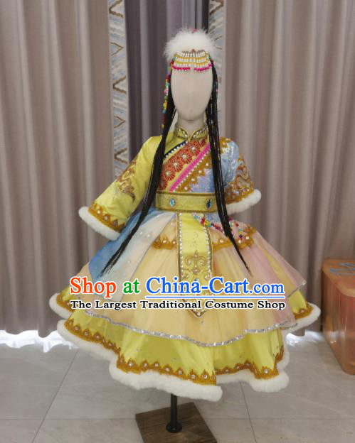 Chinese Ethnic Folk Dance Garment Costumes Zang Minority Dance Yellow Dress Outfits Tibetan Nationality Children Performance Clothing and Headdress