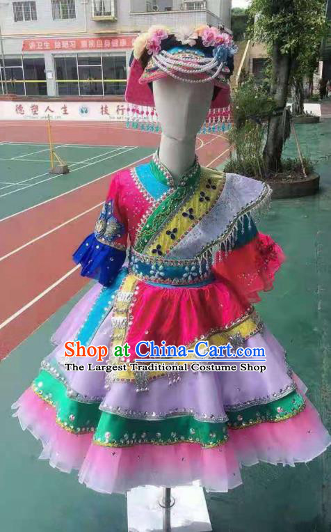 Chinese Qiang Nationality Children Performance Clothing Ethnic Folk Dance Garment Costumes Pumi Minority Dance Dress Outfits and Hat