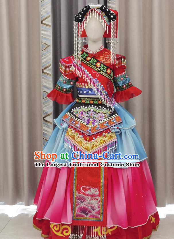 Chinese Yi Minority Dance Red Dress Outfits Qiang Nationality Children Performance Clothing Ethnic Folk Dance Garment Costumes and Headpieces